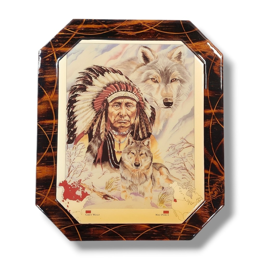 Vintage Native American Gray Wolf Nez Perce Square Wood Wall Plaque Decor